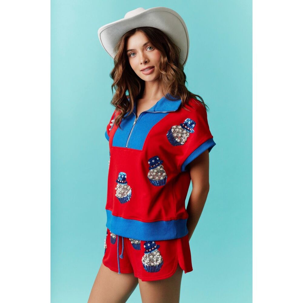 Fantastic Fawn Uncle Sam Red White & Cupcakes Short Sleeve Half Zip Sweatshirt - Picture 2 of 4